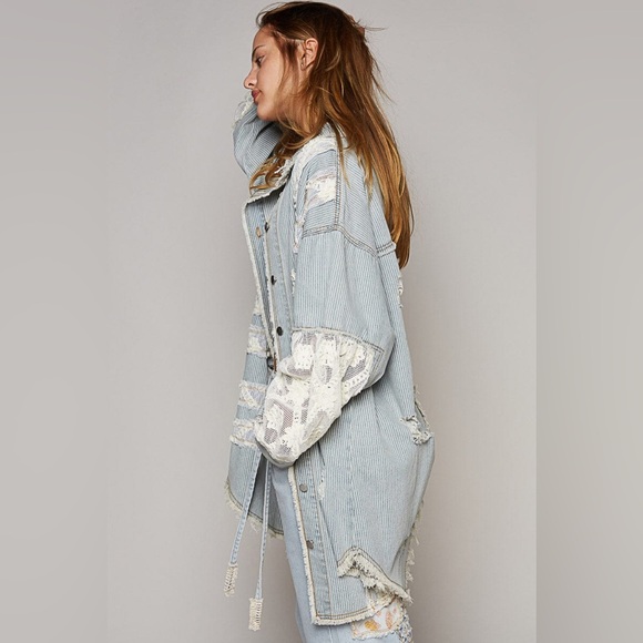 POL Lace & Crochet Patch Relaxed Fit Striped Denim Shacket, Size Medium - Picture 3 of 16